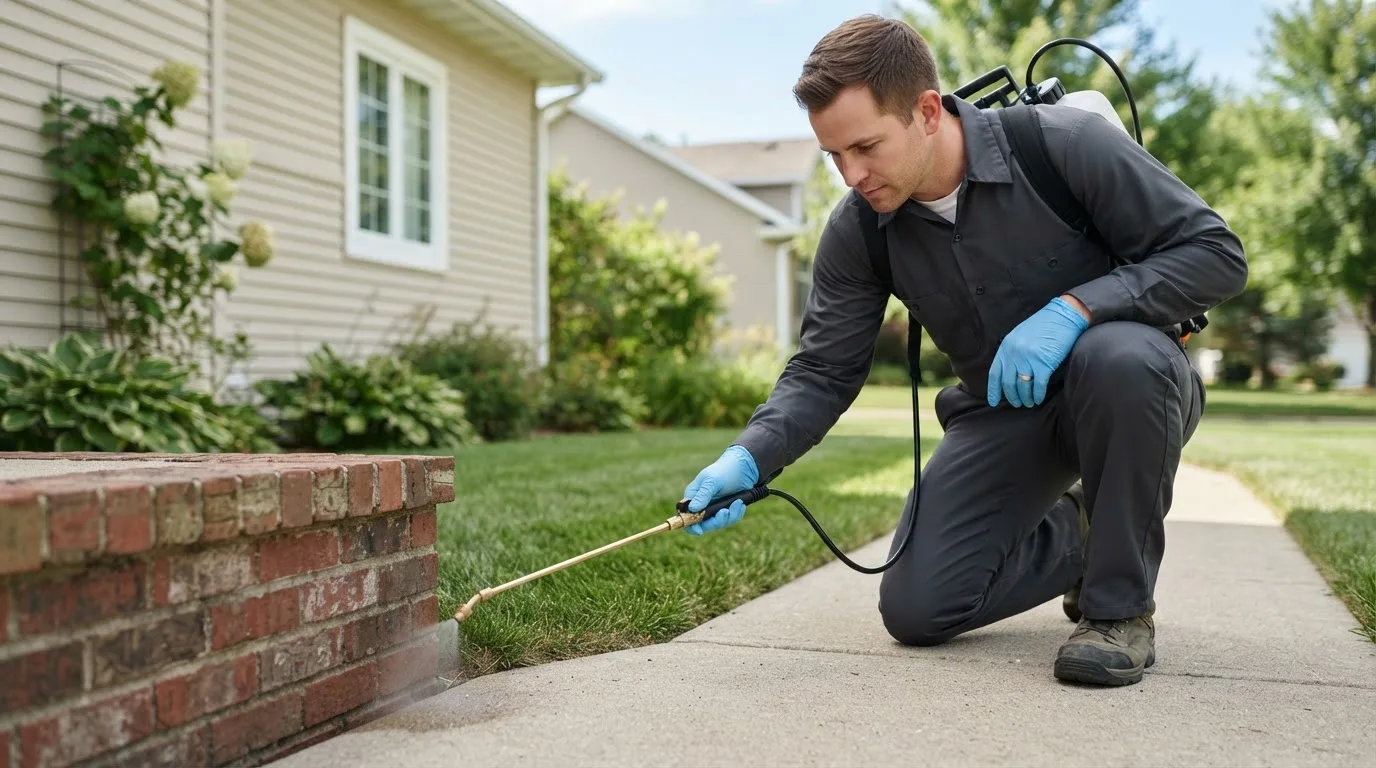 Pest control technician treating a home near Porterfield, WI