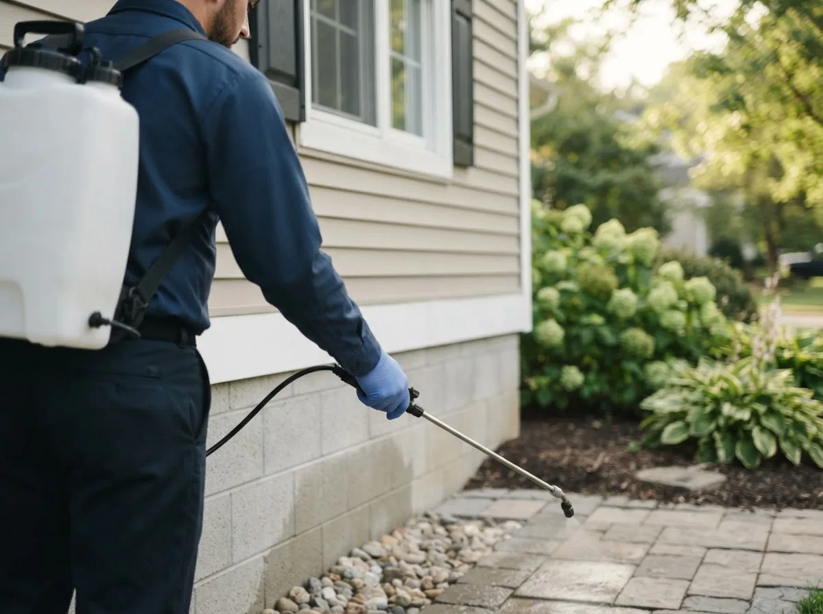 Pest control technician inspecting a home in Porterfield, WI